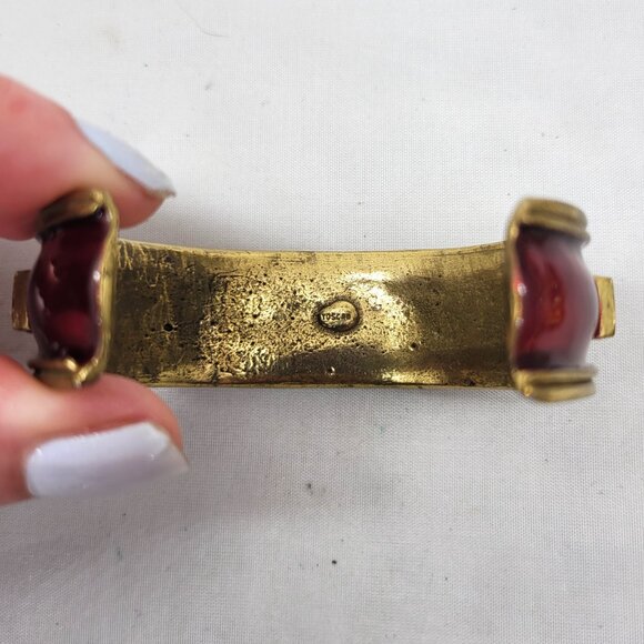 Vintage 1980s Signed Gerard Yosca Red Enamel & Clear Rhinestone Cuff Bracelet - Picture 8 of 8